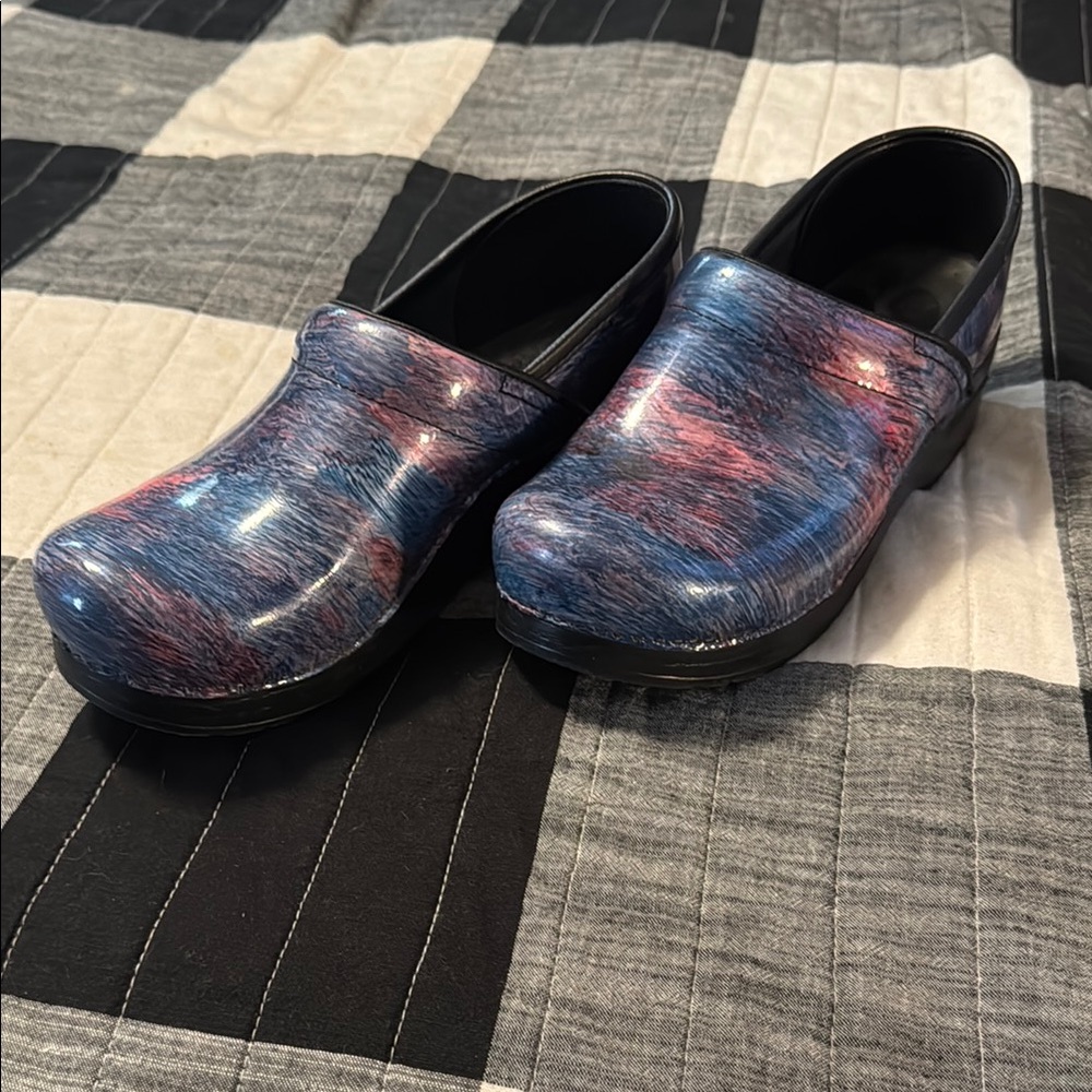 Dansko Blue and Pink Mules with Cosmic Design
